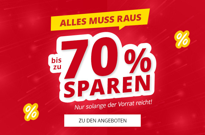 Rotes Werbebild mit gelbem Banner 'ALLES MUSS RAUS', großem weißen Text 'bis zu 70% SPAREN', kleinem Text 'Nur solange der Vorrat reicht!' und weißem Button 'ZU DEN ANGEBOTEN'