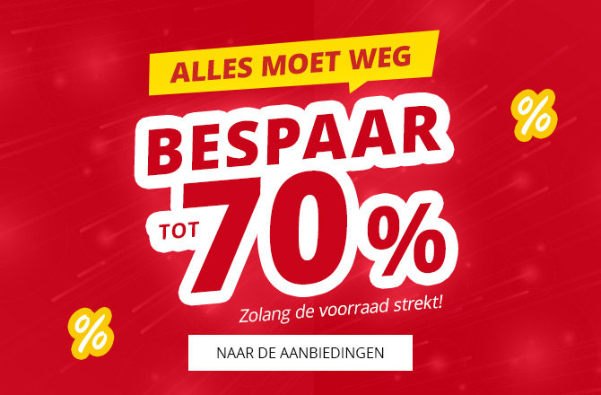 Rode reclameafbeelding met gele banner 'ALLES MUSS RAUS', grote witte tekst 'bis zu 70% SPAREN', kleine tekst 'Nur solange der Vorrat reicht!' en witte knop 'ZU DEN ANGEBOTEN'