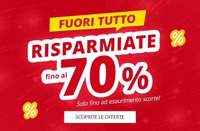 Immagine promozionale rossa con banner giallo 'ALLES MUSS RAUS', grande testo bianco 'bis zu 70% SPAREN', testo piccolo 'Nur solange der Vorrat reicht!' e pulsante bianco 'ZU DEN ANGEBOTEN'