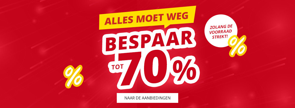 Rode achtergrond, geel banner met 'ALLES MUSS RAUS', grote wit/rode tekst 'bis zu 70% SPAREN', gele procenttekens, witte cirkel met 'NUR SOLANGE DER VORRAT REICHT!', wit rechthoek met 'ZU DEN ANGEBOTEN'