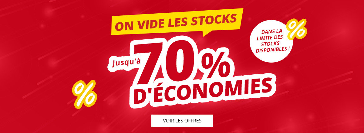 Fond rouge, bannière jaune 'ALLES MUSS RAUS', grand texte blanc/rouge 'bis zu 70% SPAREN', signes pourcent jaunes, cercle blanc 'NUR SOLANGE DER VORRAT REICHT!', rectangle blanc 'ZU DEN ANGEBOTEN'