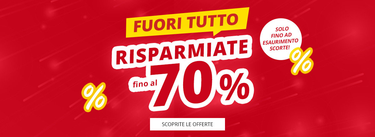 Sfondo rosso, banner giallo 'ALLES MUSS RAUS', grande testo bianco/rosso 'bis zu 70% SPAREN', simboli percentuali gialli, cerchio bianco 'NUR SOLANGE DER VORRAT REICHT!', rettangolo bianco 'ZU DEN ANGEBOTEN'