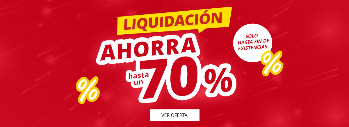 Fondo rojo, pancarta amarilla 'ALLES MUSS RAUS', texto grande blanco/rojo 'bis zu 70% SPAREN', símbolos de porcentaje amarillos, círculo blanco 'NUR SOLANGE DER VORRAT REICHT!', rectángulo blanco 'ZU DEN ANGEBOTEN'