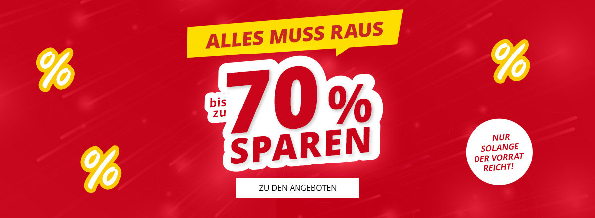Roter Hintergrund, gelbes Banner mit 'ALLES MUSS RAUS', großer weißer/roter Schriftzug 'bis zu 70% SPAREN', gelbe Prozentzeichen, weißer Kreis mit 'NUR SOLANGE DER VORRAT REICHT!', weißes Rechteck mit 'ZU DEN ANGEBOTEN'