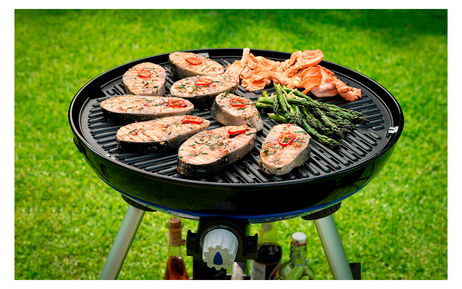 Gegrillter Fisch und Garnelen auf einem runden Grill im Garten