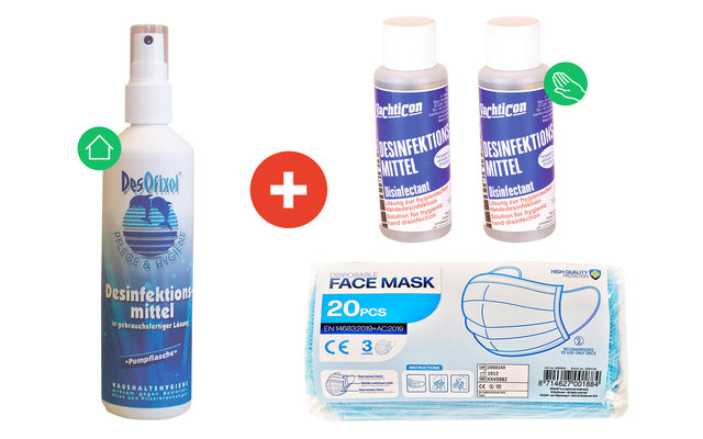 Desinfektionsmittel + Mund-und-Nasen-Einwegmasken Set für gezielten Schutz zuhause und unterwegs 4-teilig