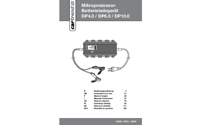 Cartrend microprocessor lader voor autoaccu DP 10.0 / 10 A voor 12/24 V / 9 HF laadniveaus